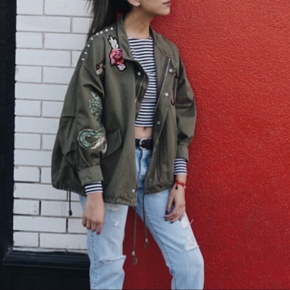 H&M olive green embroidered/studded utility jacket